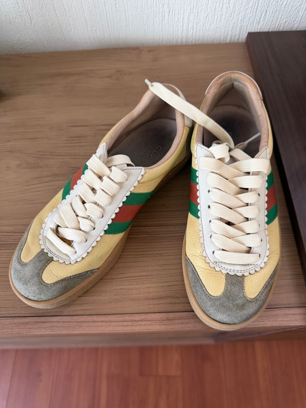 Authentic Gucci Yellow Suede & Leather Sneakers with Green-Red Web Stripe